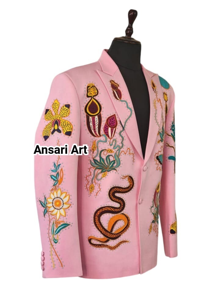 Pre-owned Art Men Pink 2pc Custom Made Floral Embroidered Western Nudie Suit Wedding Outfits