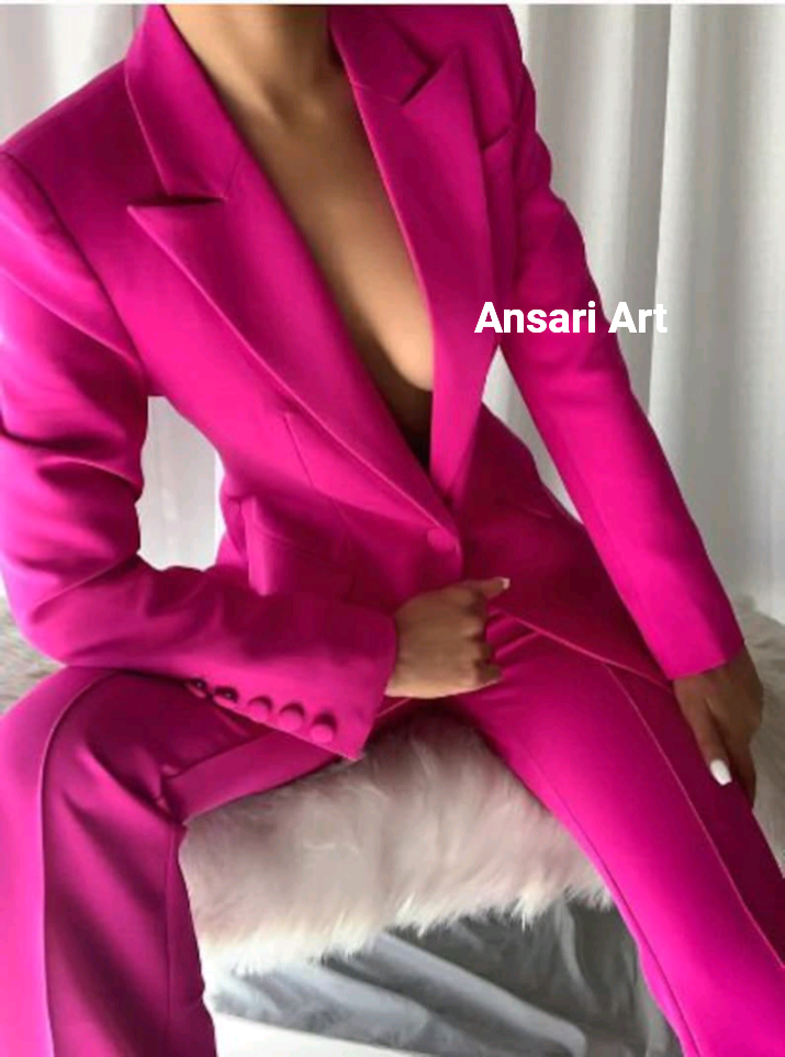 Pre-owned Art Women 2pc Piece Fuchsia Suit Custom Made Single Breasted Designer Coat/pant In Pink