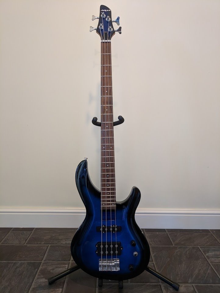 Blue ARIA Bass Guitar, Stand and 15 Watt Rockburn Amplifier in