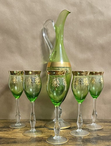 Vintage Murano Green Glass Decanter Set Handmade in Murano