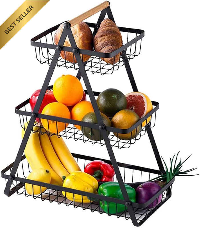 3 Tier Metal Fruit Basket Bowl Holder with Wooden Handles, Detachable Countertop