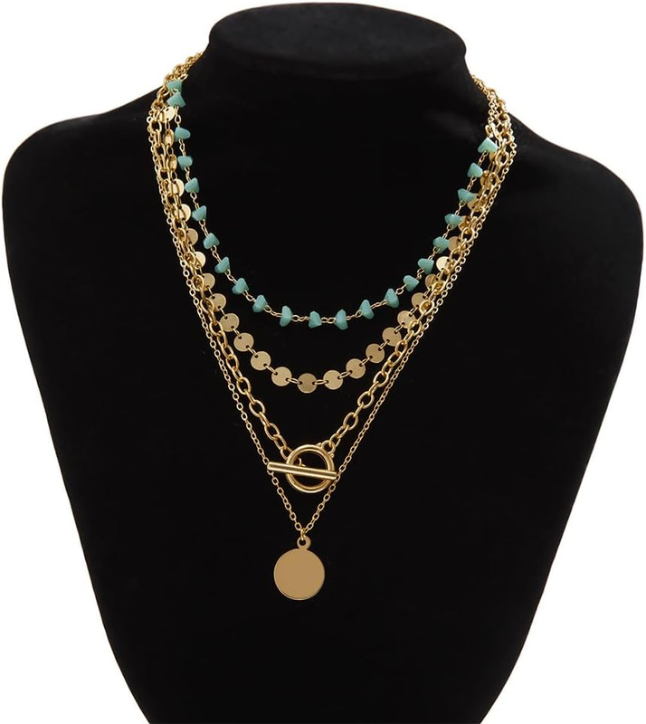 Boho Western Turquoise Gold Necklace Set Women Layered Coin Disc Toggle Cowgirl
