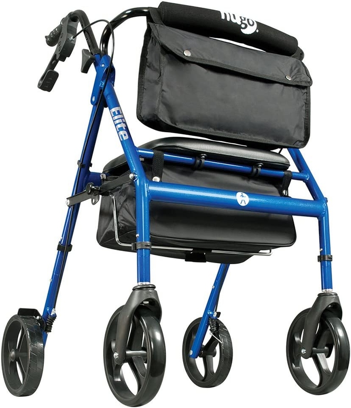 Elite Rollator Walker with Seat, Backrest and Saddle Bag, Blue