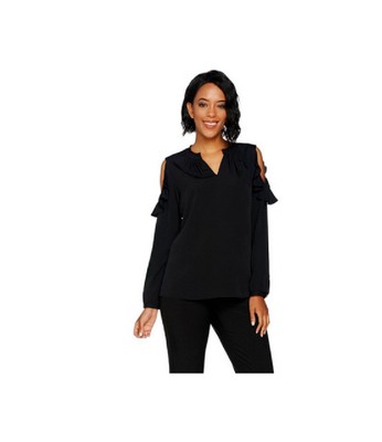 New C. Wonder 24W Woven V-Neck Ruffle Cold Shoulder Blouse Black QVC 2711-Q