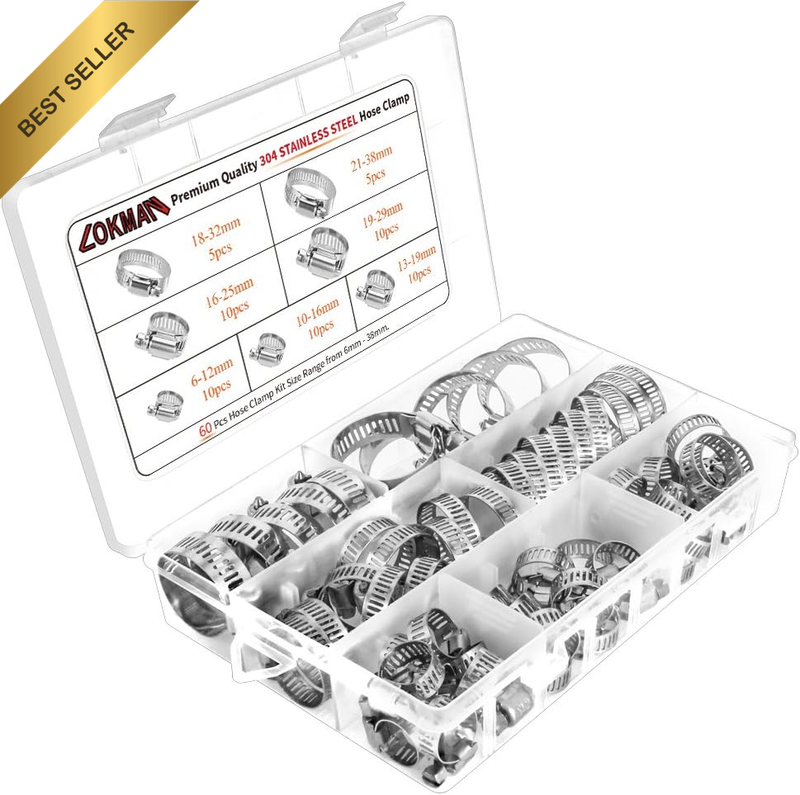 Hose Clamp, 60 Pieces Stainless Steel Adjustable 6-38Mm Range Worm Gear Hose Cla