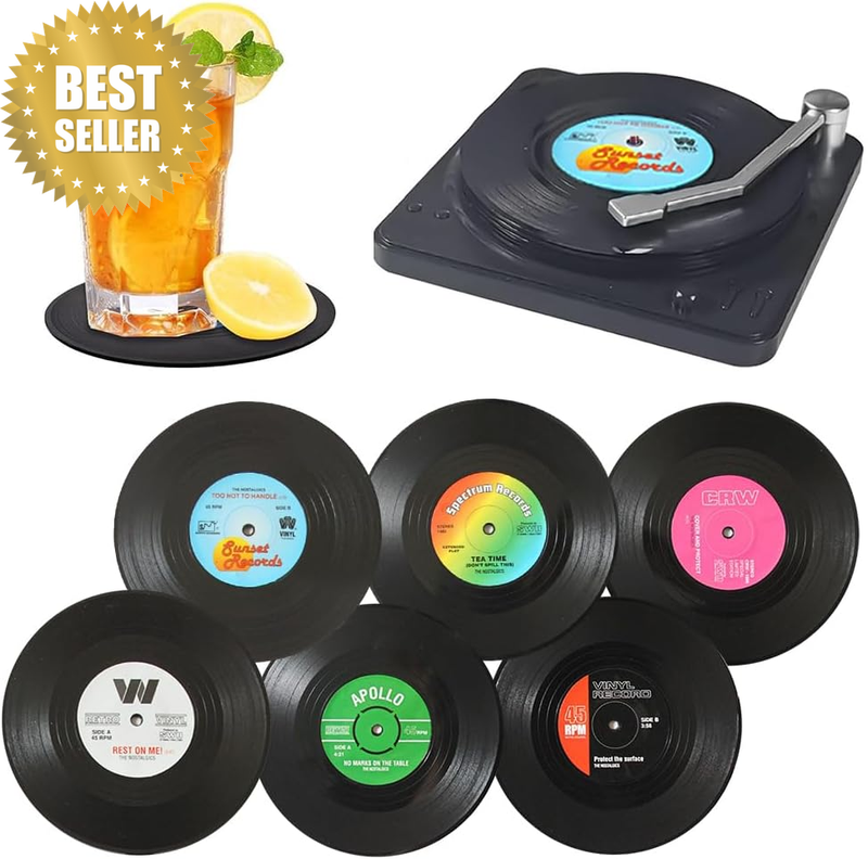 Vinyl Record Coasters with Player Holder, Set of 6 Non-Slip Cool Disk Mats Retro