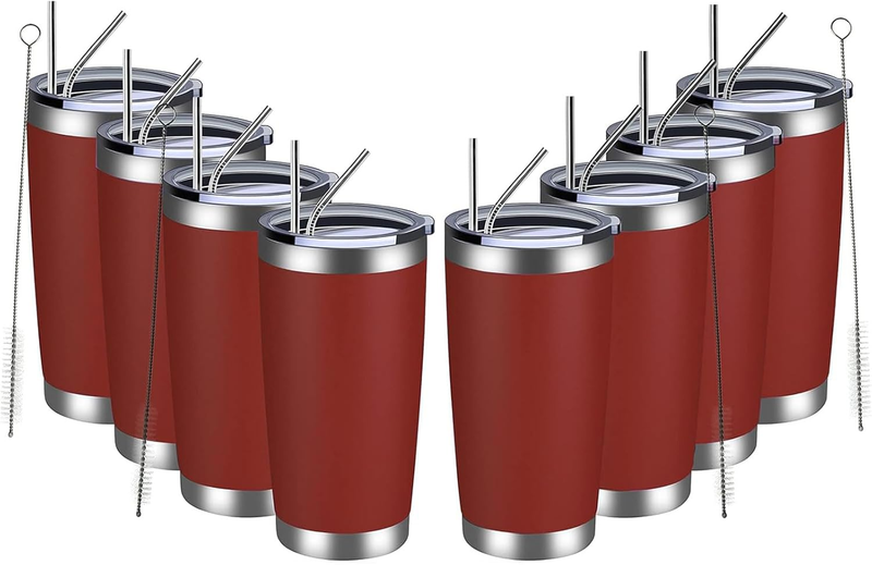 20Oz Tumbler 8 Pack Double Wall Vacuum Insulated Travel Mug Bulk, Stainless Steel Tumblers with Lid and Straw, Powder Coated Coffee Cups for Cold & Hot Drinks (Red, Set of 8)