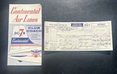 1958 Continental Airlines Passenger & Baggage Ticket Los Angeles To Chicago VTG
