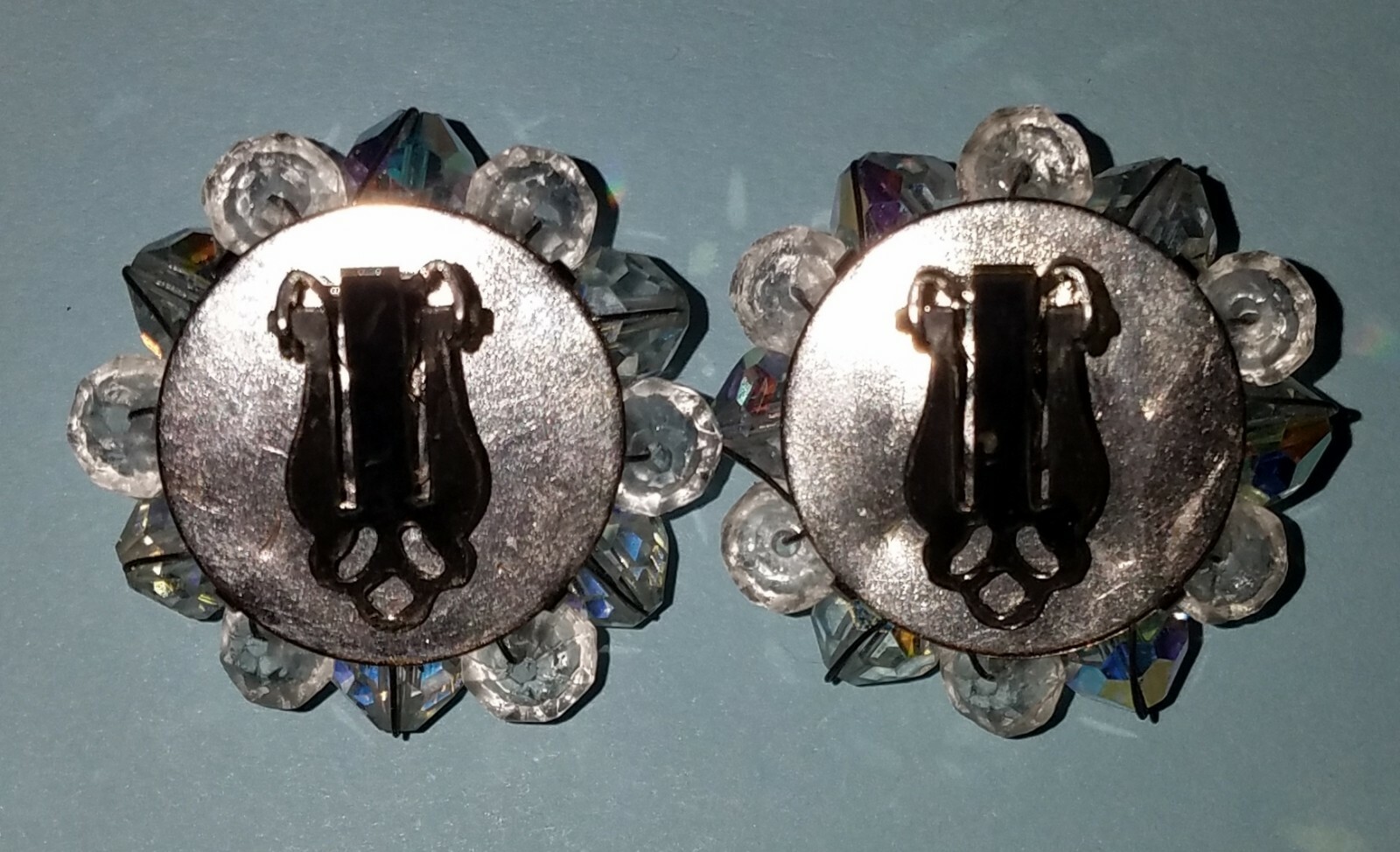 Vintage Aurora Borealis Clear Faceted Iridescent Bead 1950's Clip On Earrings