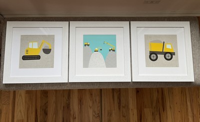 Framed Nursery Wall Art Boys Room Set of 3 Construction White Frames 14x14 