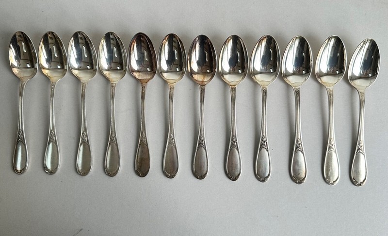 Ancien 12 Grandes CuillÃ¨Res  Ercuis ModÃ¨Le Laurier MÃ©Tal ArgentÃ© Antique Spoon