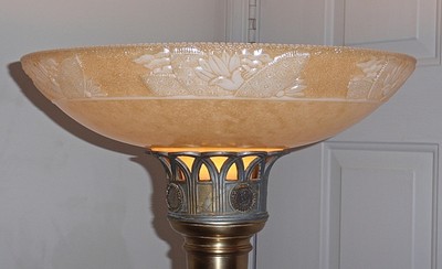 Vintage- Deco Torchiere Coin Floor Lamp with Caramel Embossed Floral Shade