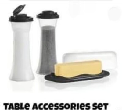 Tupperware Large Salt & Pepper HOURGLASS Shakers 6oz Ea w/Butter Dish Black NEW
