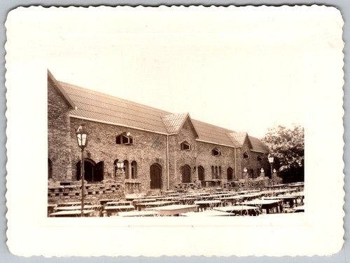 Vtg B&W Snapshot Stone Building Outdoor Beer Garden Restaurant Tables 1950s