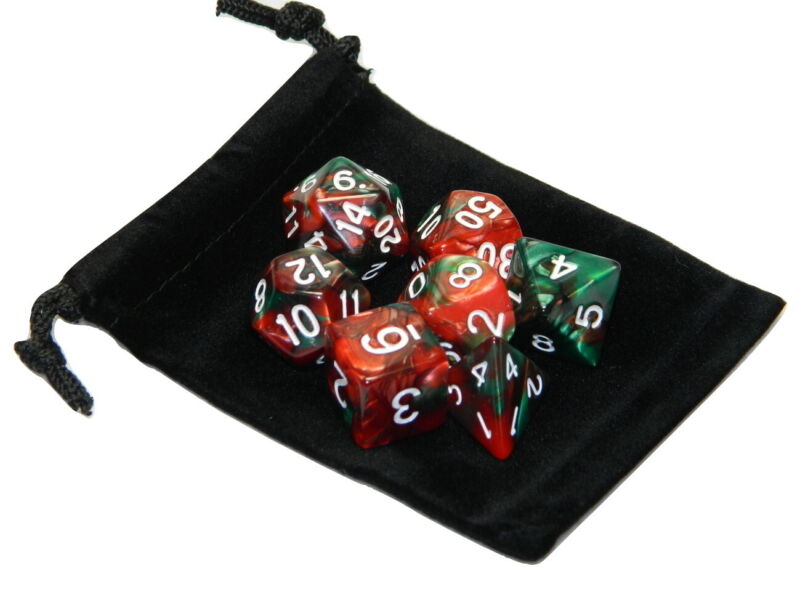 New 7 Piece Polyhedral Blend Red Green Christmas Dice Set With Dice Bag D&D RPG
