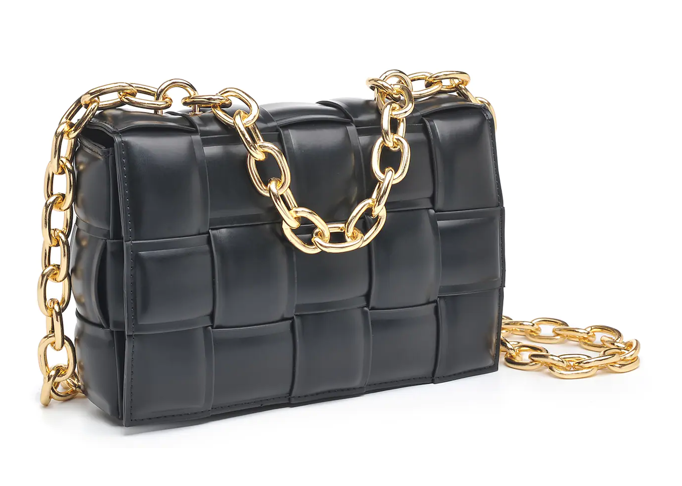 Women's Black Oversized Weave with Gold Chain Shoulder Bag