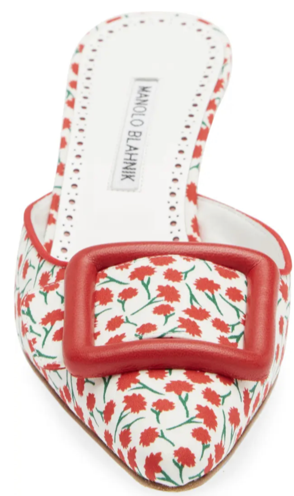 Pre-owned Manolo Blahnik Maysalebi Buckle Red Floral 50mm Pointy Toe Mule, Us 6, 36 Eu
