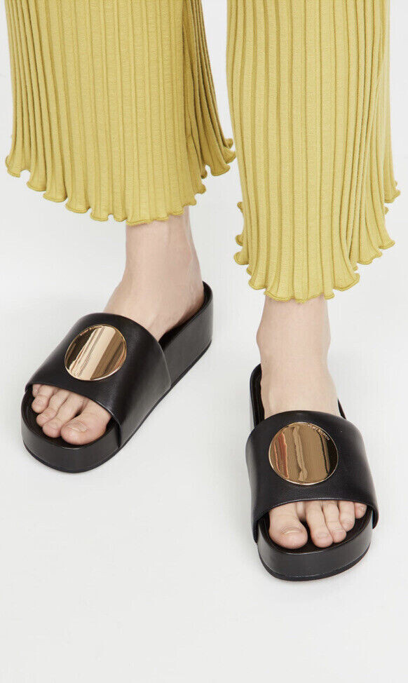 Pre-owned Tory Burch Patos Disk Leather Slides Black Us 8.5 Authentic