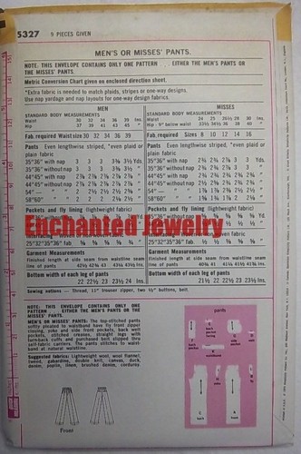 Mens Casual Pants #5327 Un-Cut  Size 32 Simplicity Pattern Un-Cut 1972