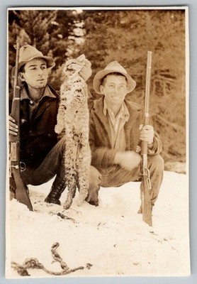 Vtg B&W Snapshot Two Men Hunters With Rifles And Bobcat Lynx Winter Snow 1931