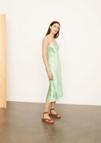 Pre-owned Vince Satin Midi Slip Dress With Spaghetti Straps In Lime Green Size Small