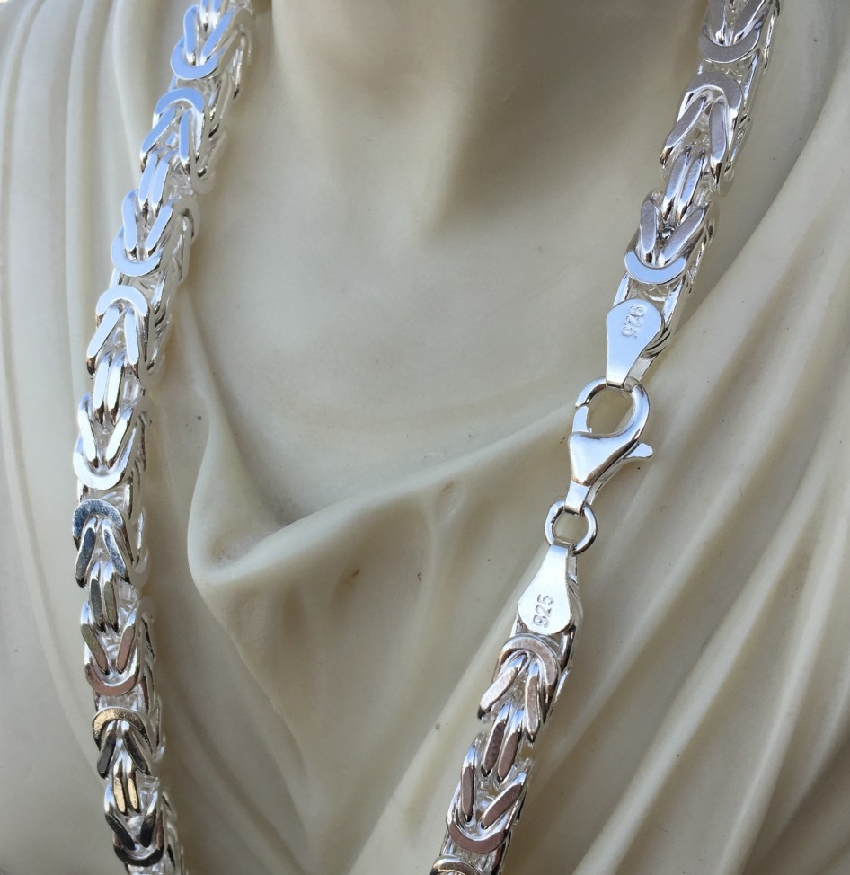 Pre-owned Handmade Mens Square King Byzantine Chain Necklace 7mm 174gr 27" 925 Sterling Silver
