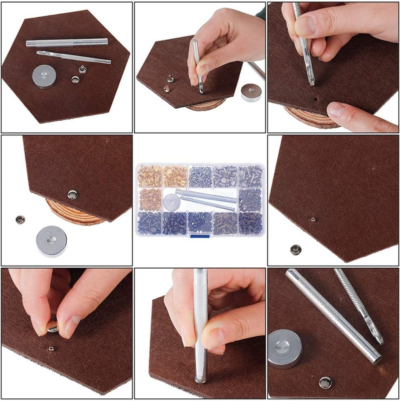 Leather Rivets with Punching Pliers and Fixing Tools, 360 Sets in 4 Colors and 3