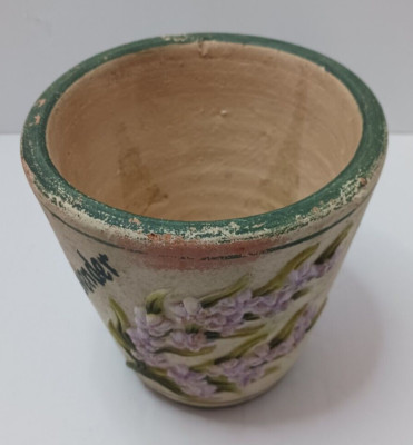 Vintage 5'' Cache Pot w/Raised Lavender Flowers Distressed Design