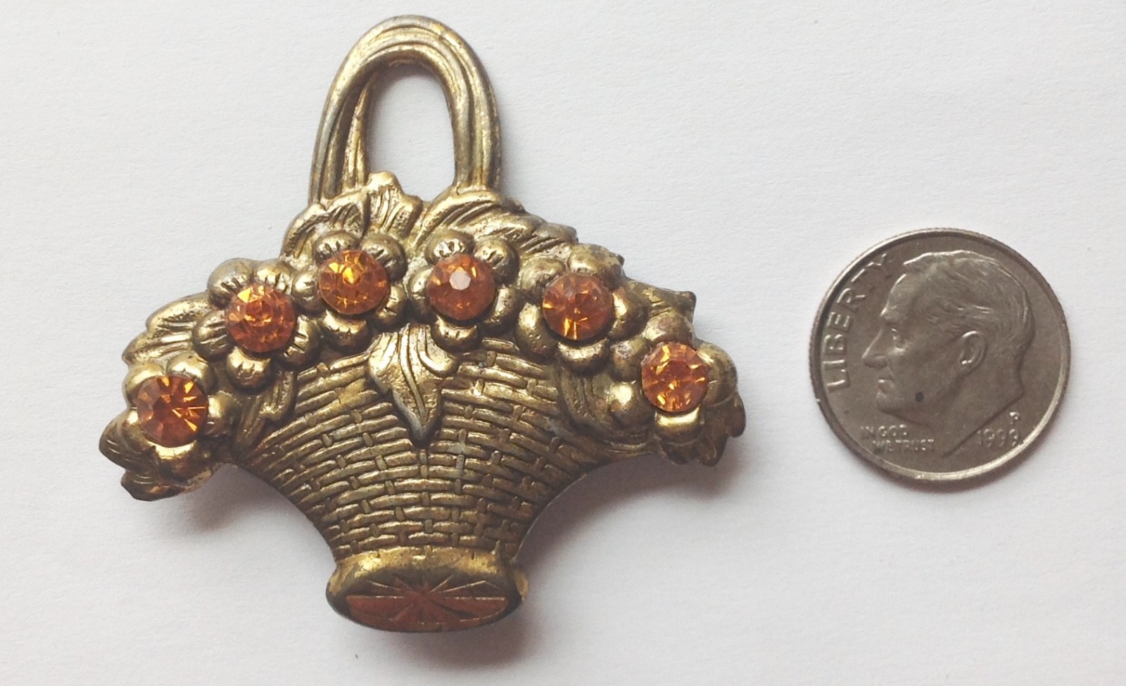 VICTORIAN Antique  FLOWER BASKET Paste  PIN BROOCH Orange Rhinestone JEWELRY