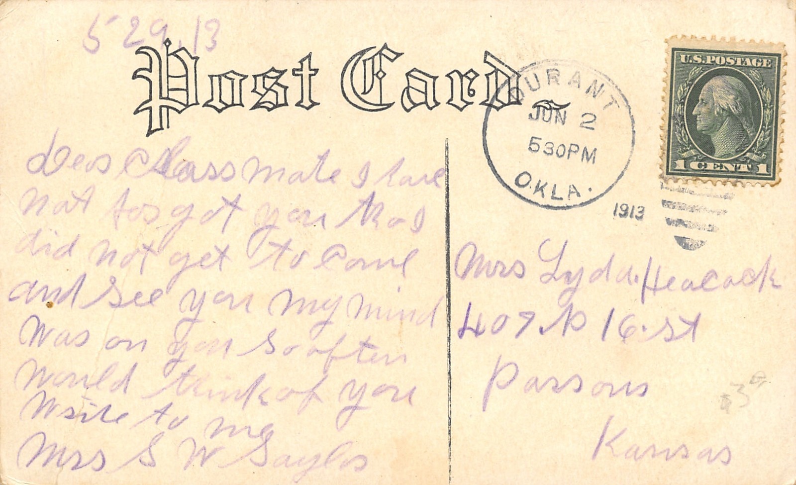 Durant Oklahoma~Methodist Episcopal ME Church~1913 B&W Postcard