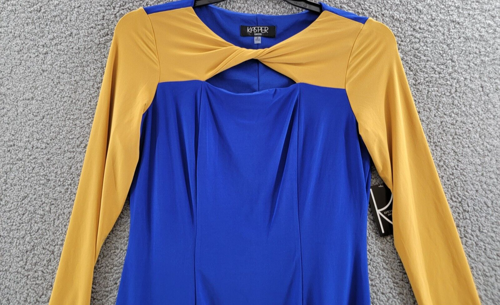 KASPER Colorblock Knot-Neck Sheath Dress Women's S Royal Blue/Gold Pullover L/S - Picture 2 of 12