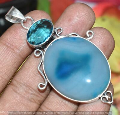 Blue Lace Onyx Blue Topaz Gemstone Pendant 925 Silver
