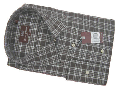 NEW! $245 Hickey Freeman Crisp Button Front Shirt!  Large  *Muted Brown Plaid*