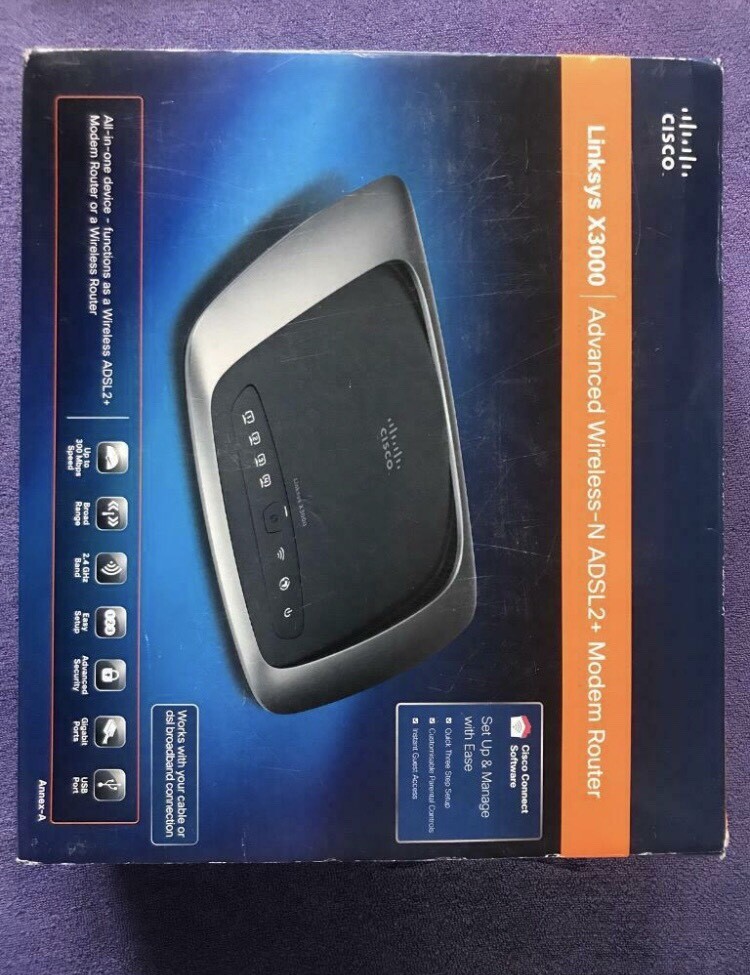 Cisco Linxys X3000 advanced wireless N ADSL 2+ modem router (reduced