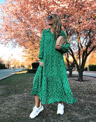 H M Green Floral Ditsy Midi Maxi Collar Shirt Dress size XS 6 8 10