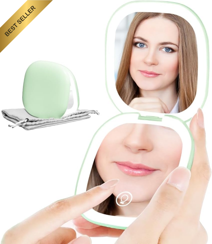Compact LED Magnifying Travel Makeup Mirror 1X/10X Magnification Small Hand Pock