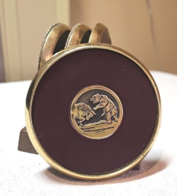 VTG 80s 90s Gold Burgundy Cork BULL BEAR Coaster Set 4 Wood NYSE Stocks Trading 