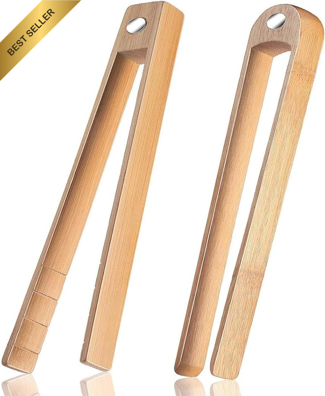 2 Pcs Bamboo Wooden Tongs, Natural Wood Color, 22 Cm, for Toast, Bread, Fruits,