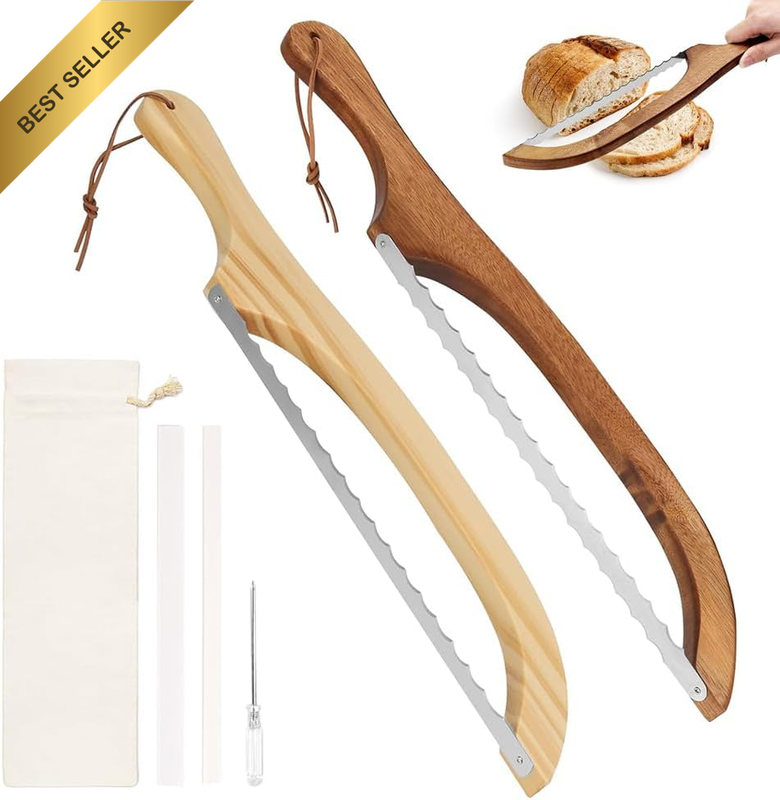 2 Pack Wood Bread Slicer, Wooden Sourdough Knife for Homemade Toast, Bow-Shaped