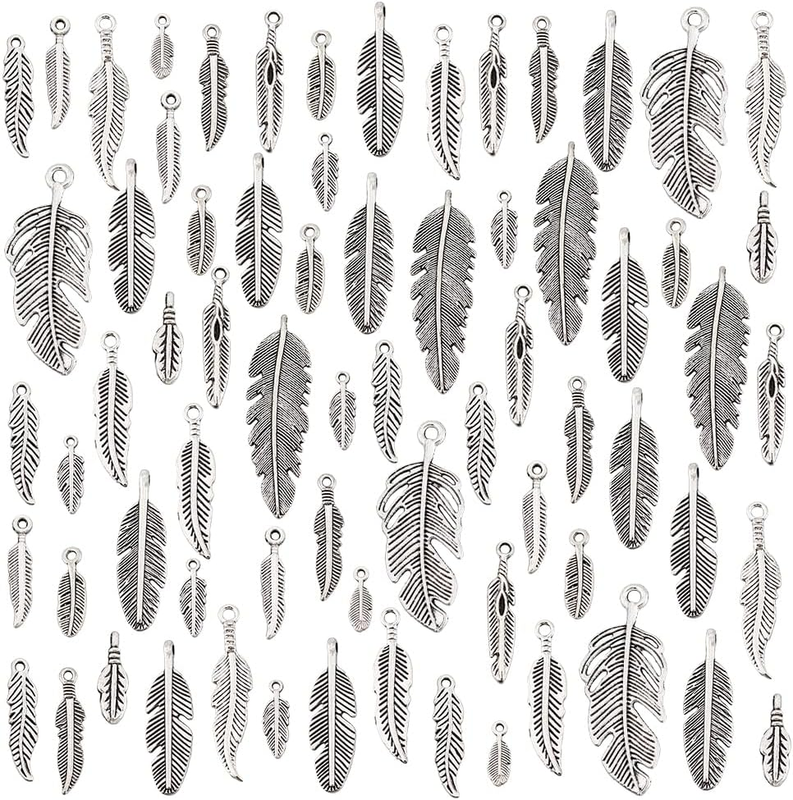 PH Pandahall 84Pcs 14 Styles Feather Charms Pendant, 12~40Mm Antique Silver
