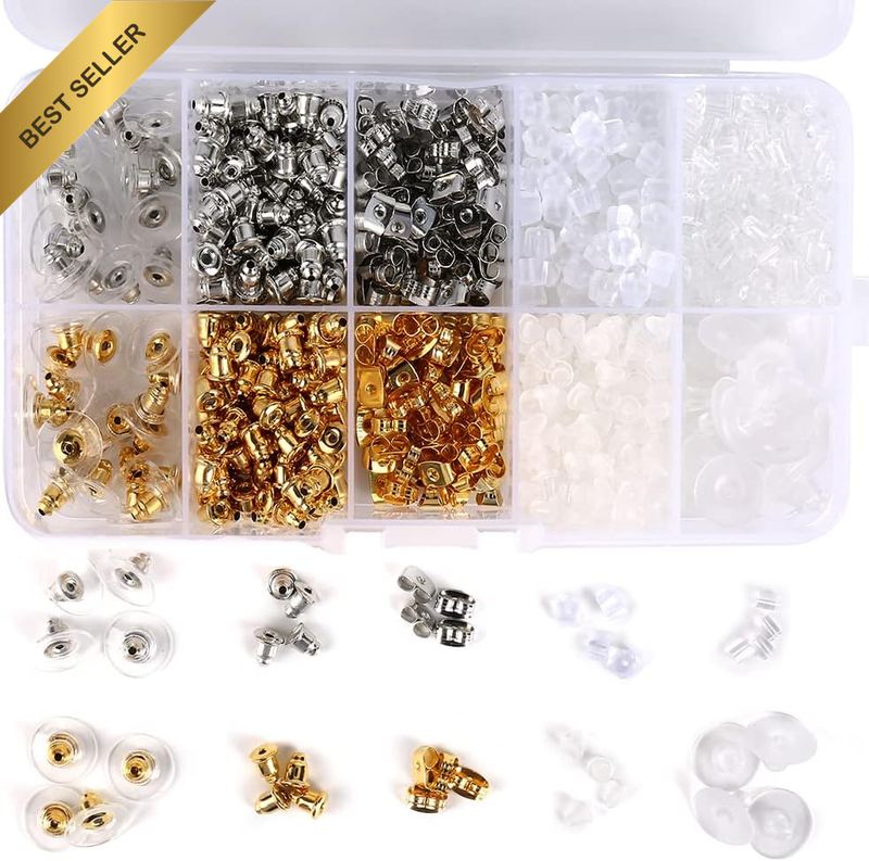 1040Pcs Earring Backs Kit 10 Styles Metal Plastic Rubber Bullet Butterfly Flower
