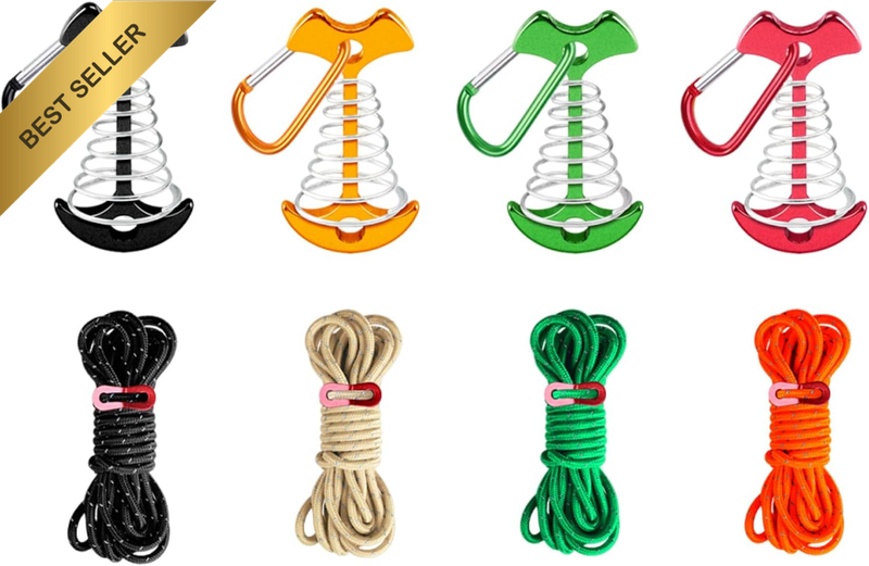 Fishbone Tent Pegs Deck Anchors Kit with Springs and 6Mm Reflective Rope for Cam