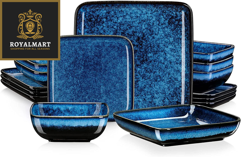 16 Pcs Kitchen Dinnerware Stern Blue Dinner Set Square Tableware Crockery Set