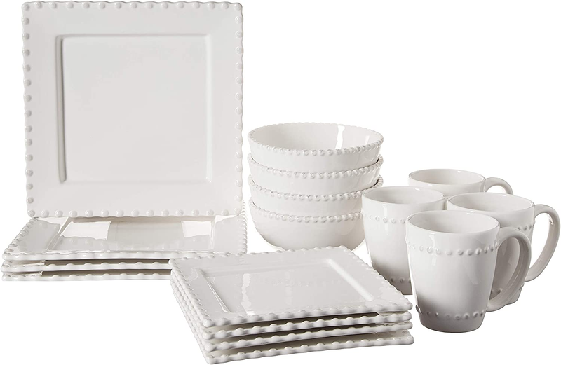 Bianca Bead 16-Piece Ceramic Square Dinnerware Set -4 Dinner & 4 Salad Plates, 4