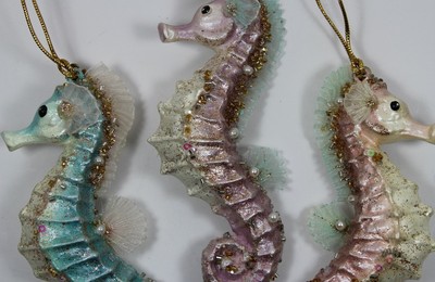 Shimmering Seahorses Pink Blue and Purple Christmas Holiday Ornaments Set of 3
