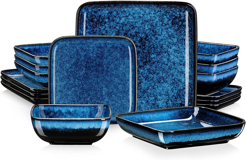 16 Pcs Kitchen Dinnerware Stern Blue Dinner Set Square Tableware Crockery Set