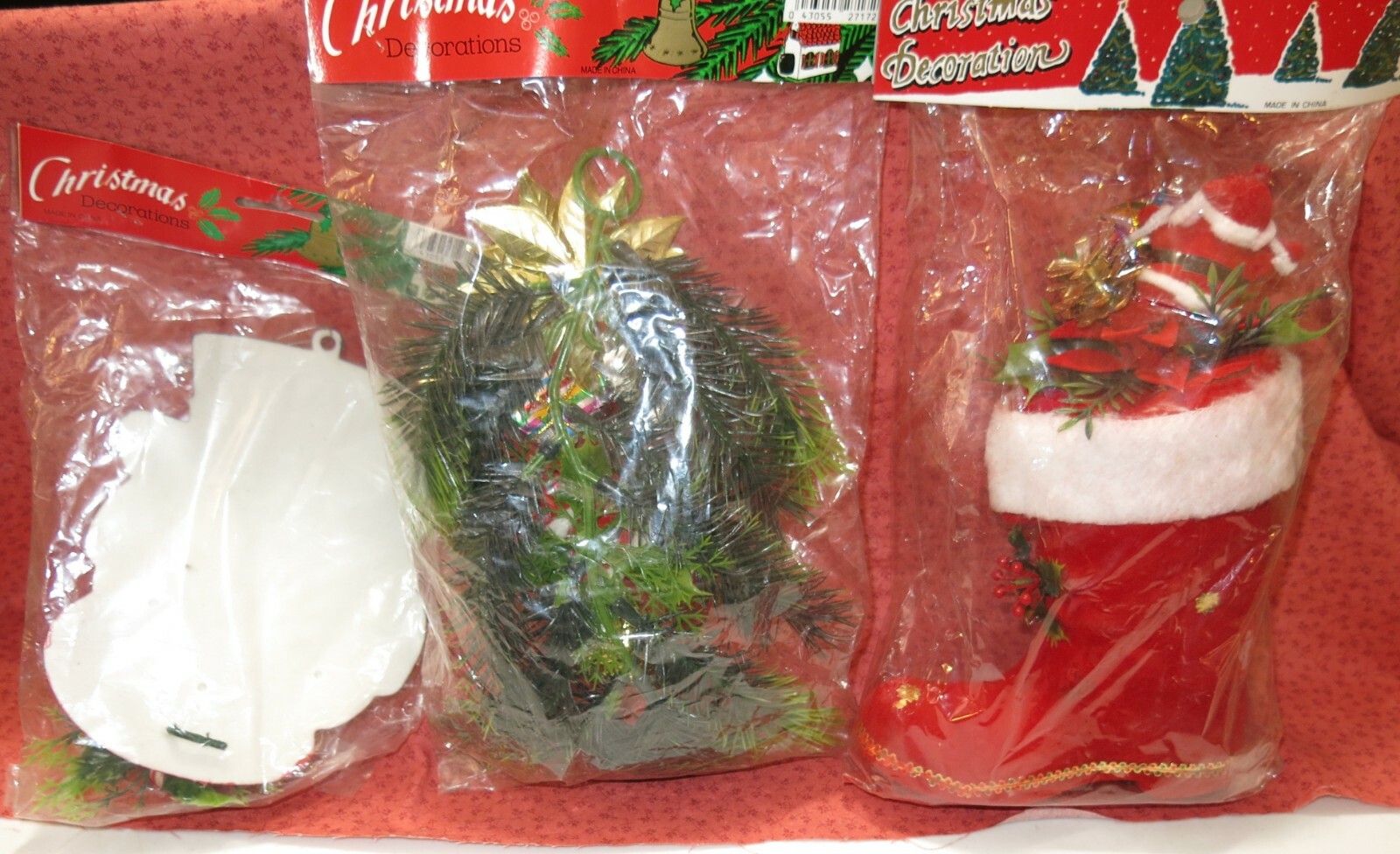 Vintage NEW Christmas Plastic Decorations NOS NIP Snowman Santa Greens Boot