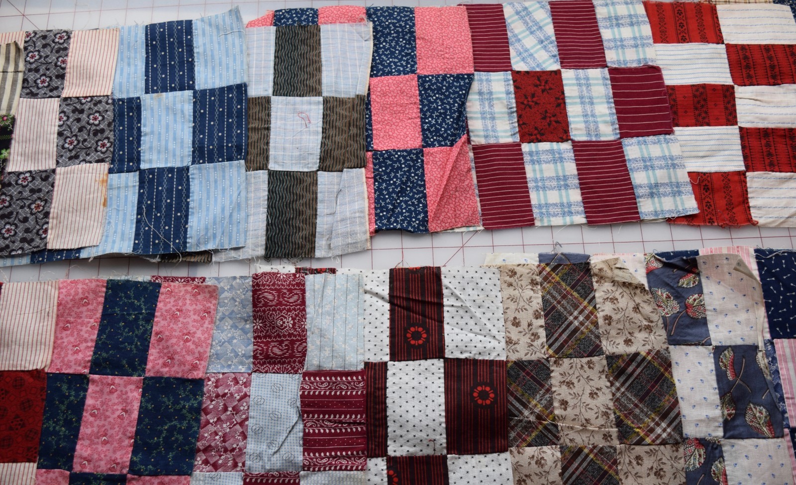 7023  24 antique 1870-90's Bricks 15 Patch quilt blocks, neons, shirting stripes