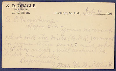 1906 UX18 POSTAL CARD S. D. ORACLE, BROOKINGS, SD TO LANCASTER, MASS.