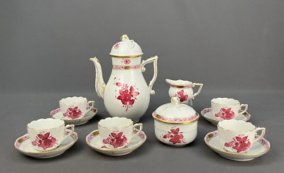 Herend Chinese Bouquet Raspberry Porcelain Espresso Set for 5; Mint 1960's